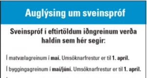 IÐAN fræslusetur. Auglýsing um sveinspróf