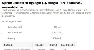 Opnun útboðs: Hringvegur (1), Hörgsá – Breiðbalakvísl, sementsfestun