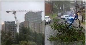 Byggingarkrani féll til jarðar þegar fellibylurinn Dorian mætti