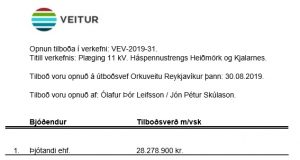 Opnun útboðs: Plæging 11 KV. Háspennustrengs Heiðmörk og Kjalarnes