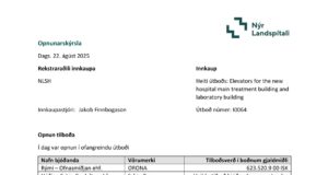 Opnun útboðs: Lyftur fyrir Meðferðarkjarni og Rannsóknahús Nýs Landspítala