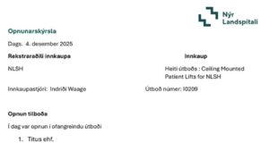 Opnun útboðs: Sjúklingalyftur fyrir Grensásdeild – Nýr Landspítali