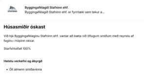 15.01.2026 Byggingafélagið Stafninn ehf. óskar eftir húsasmiðum