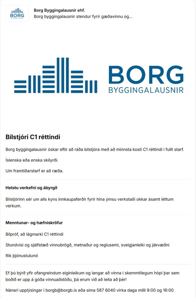Borg Byggingalausnir ehf. óskar eftir bílstjóra með C1 réttindi
