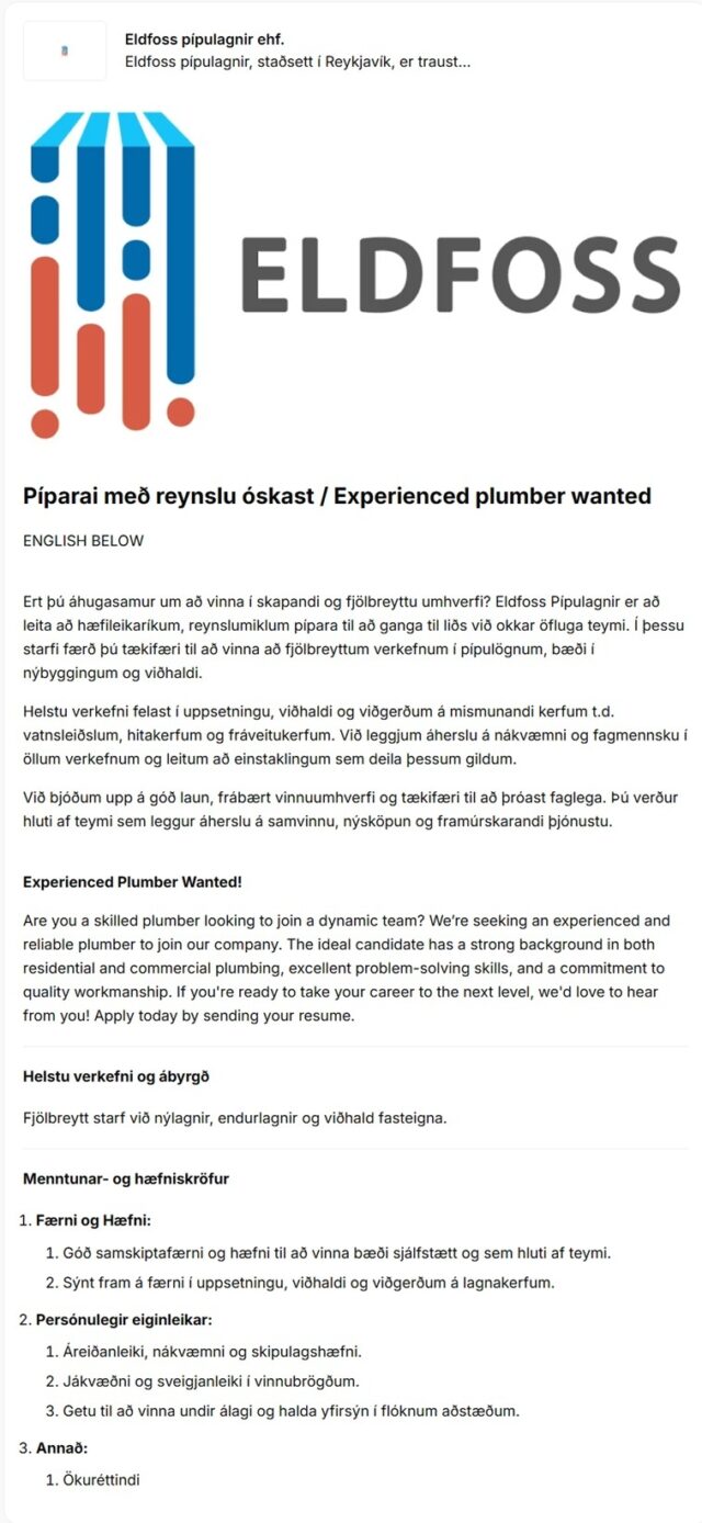 Pípari með reynslu óskast