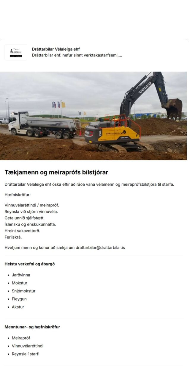 Tækjamenn og meiraprófs bílstjórar óskast til Dráttarbíla ehf.