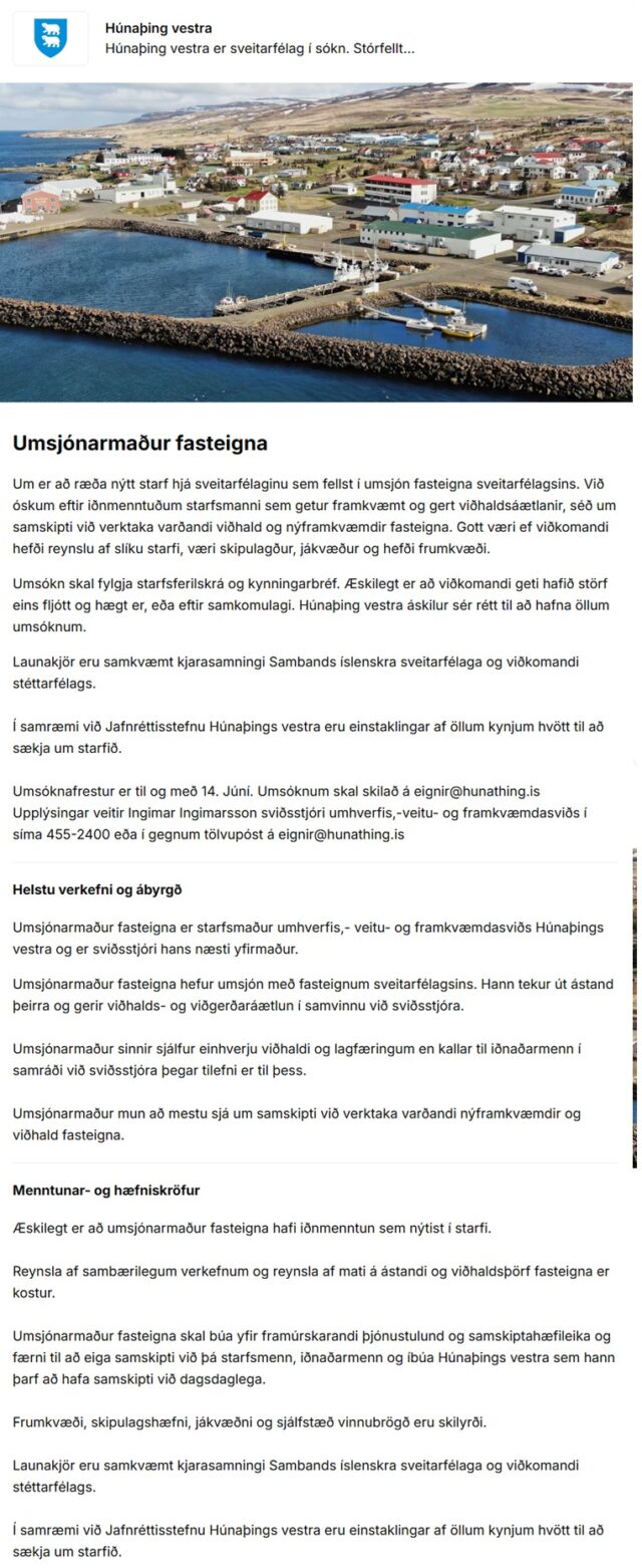 Umsjónarmaður fasteigna til Húnaþings vestra