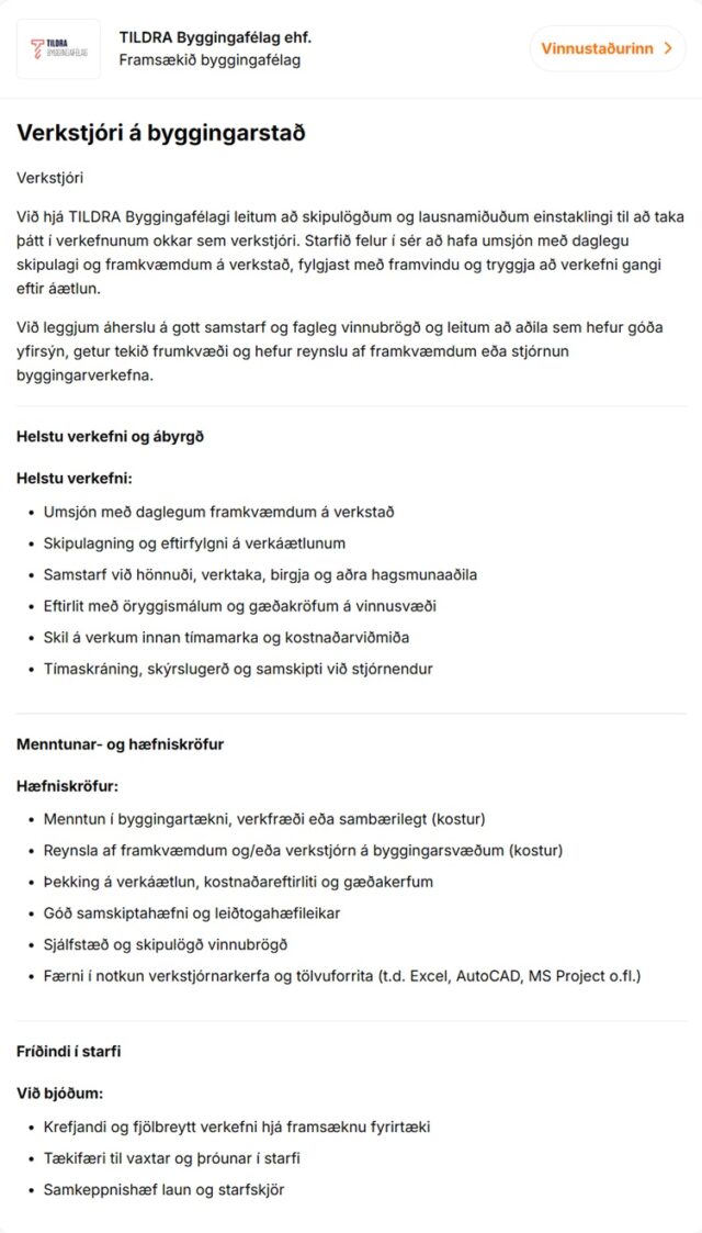 Verkstjóri á byggingarstað óskast til TILDRA Byggingafélags