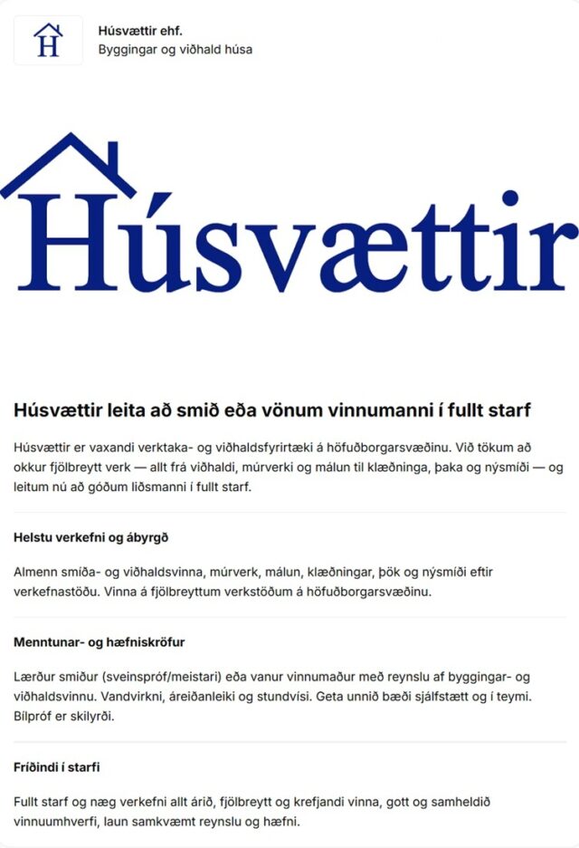 Húsvættir leita að smið eða vönum vinnumanni í fullt starf